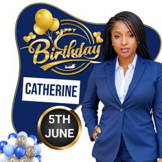 a woman standing in front of a blue and gold birthday sign with balloons around her