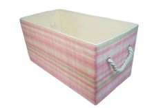 a pink and green checkered storage box with rope handles on the front, sitting against a white background