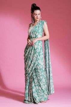 Jade green pre-draped saree with all-over flower prints. Comes with mirror hand work padded blouse and belt. - Aza Fashions Saree With Mirror Work Blouse, Saree With Mirror Work, Mirror Hand Work, Draped Saree, Mirror Work Blouse, Padded Blouse, Drape Saree, Green Saree, Blouse For Women