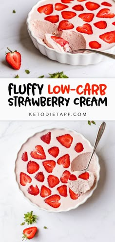 a bowl filled with strawberries and ice cream on top of a table next to another bowl