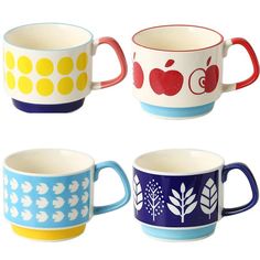 four colorful cups with apple designs on them