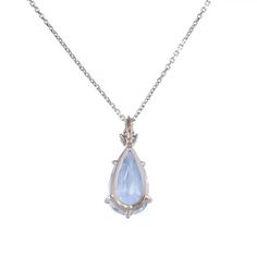 This is part of Chairish’s Fine Jewelry assortment.  Estate pear aquamarine white gold pendant necklace. This 14 karat white gold pendant features a pear aquamarine at 7.75 carats. The aquamarine is clean and nicely cut. There are three accent diamonds at .11 carat total weight. The diamonds have VS clarity and G-H color. The aquamarine pendant comes on a 14 karat white gold chain. [KIMH 2141 P]  Dimensions  1″H x .4375″W; 16″L chain  Metal: White Gold,14k Gold Stone: Aquamarine,Diamond Stone Cu Formal Blue Topaz Drop Necklace, Formal Blue Topaz Briolette Necklace, Blue Topaz Teardrop Necklace For Formal Occasions, Formal Blue Topaz Teardrop Necklace, Formal Teardrop Blue Topaz Necklace, Elegant Blue Topaz Teardrop Pendant Necklace, Formal Blue Topaz Teardrop Pendant Necklace, Elegant Blue Topaz Teardrop Necklace, Pear-shaped Blue Topaz Necklace