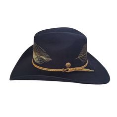 Introducing our sleek and stylish KYLIN Cowboy Hat, a perfect blend of classic design and modern elegance. Crafted from high-quality polyester suede in a timeless black hue, this hat is sure to become a staple in your wardrobe.Featuring exquisite gold feather embroidery around the crown, our Cowboy Hat adds a touch of luxury to any outfit. The addition of a matching gold leather cord completes the look, adding a touch of sophistication.With a 4" brim and a 4" crown, our Cowboy Hat boasts a struc Classic Gold Hat For Formal Occasions, Luxury Felt Hat With Curved Brim For Rodeo, Gold Fedora Hat For Rodeo, Luxury Curved Brim Felt Hat For Rodeo, Luxury Adjustable Hat Bands For Rodeo, Gold Flat Brim Hat Bands For Kentucky Derby, Luxury Flat Brim Hat For Rodeo, Classic Gold Hat With Adjustable Fit, Gold Adjustable Felt Hat With Curved Brim