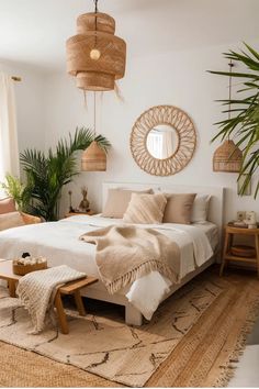 Cozy bedroom with neutral tones, woven decor, houseplants, and a round rattan mirror above the bed. Boho Bedroom With White Walls, Boho Bedroom Feature Wall, Boho Room Inspiration, Girls Boho Bedroom, Boho Bedroom Furniture, Boho Bedding Sets, Modern Boho Bedroom, White Wall Bedroom, White Bed Frame