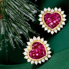 Ross-Simons - 1.70ct t. w. Ruby, 1.10ct t. w. Diamond Heart Earrings in 18kt Yellow Gold. These earrings will set your heart aflutter! In 18kt yellow gold settings, 1.10 ct. t. w. round brilliant-cut diamonds frame a heart of 1.70 ct. t. w. square rubies. This pair is perfect for date nights or everyday looks. Post/clutch, diamond and ruby heart earrings. Ruby birthstones are the perfect gift for July birthdays. Diamond Heart Earrings, Ruby Heart, Ruby Birthstone, July Birthday, Fine Jewelery, Yellow Gold Setting, Earrings In Gold, Fancy Jewelry, Ruby Diamond