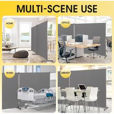 four different views of an office with furniture