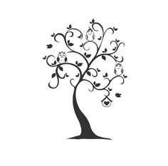 a black and white silhouette of a tree with swirly branches, leaves and ornaments