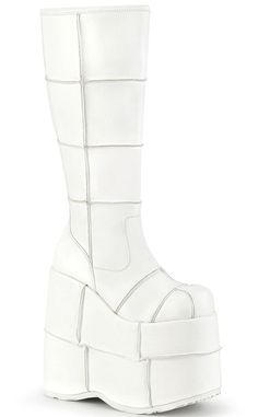 STACK-301 White Matte Platform Boots-Demonia-Tragic Beautiful Emo Boots, Hologram Shoes, White Platform Boots, Demonia Boots, Patchwork Boots, Alternative Shoes, Demonia Shoes, Pink Platforms, Leather Knee Boots