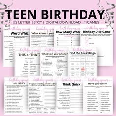 a birthday party game with pink and black text on the front, which reads'teen birthday