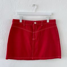 Asos Denim Mini Skirt In Red With Contrast Thread Two Sizes Available / Us 10 & Us 12 New Without Tags. Excellent Condition. Never Worn. High-Waisted Mini Jean Skirt By Asos Collection In Red Wash Cotton Denim. High-Rise Waist, Slim Fit, Front Button & Zip Fly, Contrast Stitching And Belt Hoops. 100% Cotton. Measurements Flat (Approx): Size Uk 14 (Us 10): Waist: 15” / Hip: 20” / Length: 15.5” Size Uk 16 (Us 12): Waist: 17” / Hip: 22” / Length: 16” Trendy Red Denim Skirt For Summer, Red High-waist Cotton Denim Skirt, High Waist Red Cotton Denim Skirt, High-waist Red Cotton Denim Skirt, High-waist Red Denim Skirt, High Waist Red Denim Skirt, Red Cotton Mini Denim Skirt, High Waist Red Cotton Skort, Red Fitted Y2k Bottoms