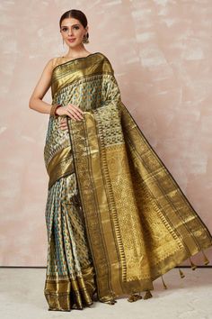 Buy golden brocade Kanchipuram sari online in USA with zari border and pallu. Look your best on festive occasions in latest designer sarees, pure silk sarees, Kanjivaram silk saris, handwoven saris, tussar silk sarees, embroidered saris from Pure Elegance Indian clothing store in USA.-full view Gold Pre-draped Saree With Traditional Patterns For Festivals, Gold Brocade Pre-draped Saree With Zari Weaving, Gold Brocade Pre-draped Saree With Zari Work, Traditional Gold Pre-draped Saree For Navratri, Gold Banarasi Silk Anarkali Traditional Wear, Traditional Gold Pre-draped Saree With Self Design, Gold Brocade Anarkali Traditional Wear, Gold Paithani Silk Blouse Piece For Eid, Traditional Gold Paithani Silk Pre-draped Saree