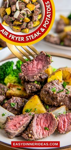 a plate with steak, potatoes and broccoli on it is being held by a fork