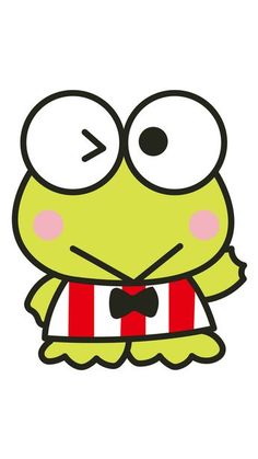 a cartoon frog with big eyes and a bow tie on its chest, wearing a red and white striped shirt