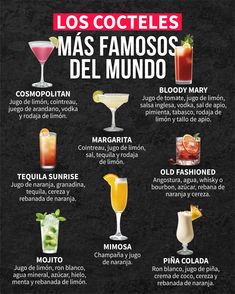 a blackboard with different types of drinks on it and the words, los coctes mas famosos del mundoo