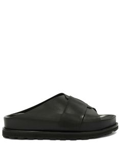 black calf leather open toe slip-on style flat rubber sole Black Calf Leather Slip-ons With Removable Insole, Modern Closed Toe Slip-on Slides, Modern Slip-on Slides With Leather Sole, Black Open Toe Slip-ons, Black Slip-on Slide Mules, Calf Leather Slip-on Sandals With Cushioned Footbed, Modern Slip-on Slides With Textured Sole, Classic Black Slide Mules, Classic Slip-on Sandals With Leather Footbed