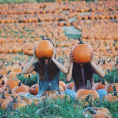 two girls holding pumpkins over their heads in a field full of orange pumpkins