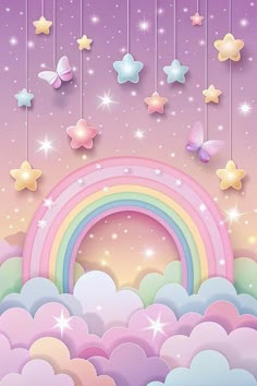 an image of a rainbow with stars and clouds in the sky above it on a purple background