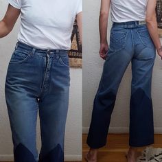 "Vintage late 70s jeans with altered leg. Natural rise and lightly flared two tone leg. The jeans are super soft and faded, which contrasts nicely with the darker denim on the lower legs. One of a kind. Maker: jeans were made by Free Time. When I found these jeans they had been cut into really long shorts and I thought I would just trim them into a proper booty short length, but the fade was so pretty that I decided to extend the leg rather than lose much more of the beautifully faded indigo den Faded Reworked Straight Leg Bottoms, Faded Straight Leg Reworked Bottoms, Reworked Faded Straight Leg Jeans, Faded High Waist Fitted Flare Jeans, High Waist Fitted Flare Jeans In Faded Color, Faded Vintage Wide-leg Bottoms, Vintage Fitted Flare Jeans In Medium Wash, Retro Faded Denim Bottoms, Faded Retro Denim Bottoms