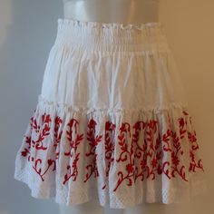 Nwt Womens Misa Los Angeles White, Red Print Flounce Mini Skirt M* Retail: $295 Lined Elastic Waist Ruffle Trim Crochet Bottom Hem Material: 100% Cotton Measurements (Flat): Length: 16" Waist: 14.5" Hips: 17" New With Tags.. (Bag 1) ...2898_jam_lev_mom-1* Red Mini Skirt For Beach, Red Fitted Mini Skirt For Vacation, Fitted Red Mini Skirt For Vacation, Red Lined Skirt For Vacation, Short White Ruffled Skirt, Red Cotton Skirt For Vacation, Red Ruffled Cotton Skirt, Red Tiered Mini Skirt For Spring, Red Tiered Mini Skirt For Day Out