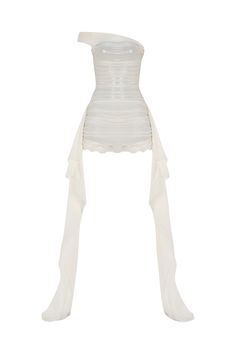 Enjoy both comfort and style with this chic mini dress, designed with built-in inner lining shorts for a secure and snug fit.  Draped bodice Flounce skirt detailing at hips Single dropped shoulder Concealed side zipper Inner lining shorts for a snug fit Materials: 90% Polyester, 10% Elastane Color: White Made in Turkey.  Dry clean only