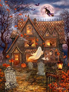 a painting of a halloween house with pumpkins and bats