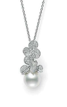 Mikimoto Fortune Leaves Pendant White South Sea Pearl (MPQ10032NDXW). 18kt white gold pendant with white South Sea Pearl, 12mm, A+ quality and 0.94ct of diamonds. Length 19.5 inches. Pearl Diamond Pendant, Akoya Pearl Necklace, Diamond Accessories, White Gold Pendant, Cushion Diamond, Sea Pearl, Square Diamond, Sea Pearls, South Sea Pearls