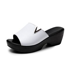 Women's Casual Shoes Leather Flip Flops Thick Wedges Slippers | Touchy Style Stylish Walking Shoes, White Slides Sandals, Casual Slides, Women Wedges, White Slides, Women's Casual Shoes, Slippers Black, Best Walking Shoes, Women Slippers