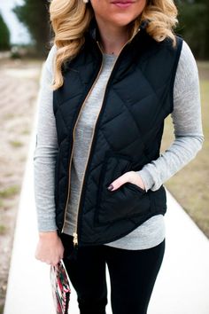 A quilted vest is both fashionable and functional. Opt for one in a neutral hue to layer over sweaters & knits. Outwear Jackets, Black Vest, Outfit Idea, Sweater Weather