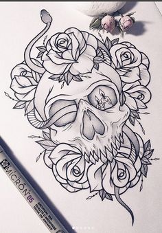 a drawing of a skull with roses on it next to a marker and some pens