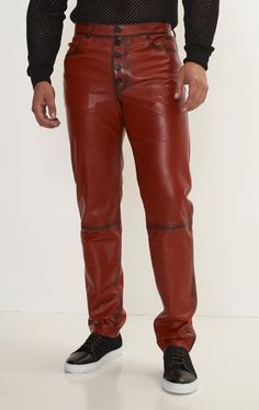 Genuine Lambskin Leather Pants - RED TINT - Ron Tomson Leather Tapered Leg Pants With Pockets, Fitted Leather Pants With Five Pockets, Fitted Bottoms With Contrast Stitching For Fall, Fall Leather Tapered Leg Pants, Leather Straight Leg Bottoms With Pockets, Fitted Leather Bottoms With Hip Pockets, Straight Leg Leather Bottoms With Pockets, Fitted Leather Jeans, Fall Leather Bottoms With Hip Pockets