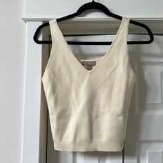 Brand New, Tags On, Never Been Worn. Natural Shine Color, Size Medium Stretch V-neck Vest Top, Beige Fitted V-neck Tank Top, Beige Seamless V-neck Crop Top, Beige V-neck Vest Top, Beige Stretch V-neck Tank Top, Fitted V-neck Vest Top, Beige Cotton V-neck Crop Top, Casual Fitted Sleeveless V-neck Top, Bow Tie Top