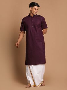 Vastramay Men's Purpple Cotton Kurta And Mundu Set Purple Straight Kurta For Diwali, Festive Purple Cotton Traditional Wear, Casual Cotton Traditional Wear For Diwali, Purple Cotton Kurta For Eid, Festive Cotton Short Sleeve Sets, Cotton Kurta For Puja With Traditional Fit, Traditional Cotton Kurta With Short Sleeves, Cotton Kurta For Puja In Traditional Fit, Festive Cotton Kurta With Traditional Fit