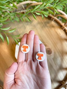 a person holding two small orange and white buttons in their left hand next to a plant