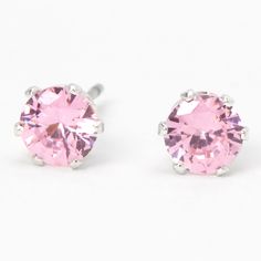 Claire's Silver Cubic Zirconia Round Stud Earrings - Pink, 5MM Classic Pink Round Earrings, Pink Round Earrings With Prong Setting, Pink Cubic Zirconia Earrings With Prong Setting, Classic Pink Round Cut Earrings, Pink Brilliant Cut Round Earrings, Pink Sparkling Cubic Zirconia Earrings, Pink Round Earrings With Sparkling Stones, Pink Round Brilliant Cut Earrings, Pink Prong Set Round Earrings