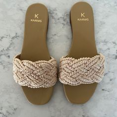 New / Never Worn Kaanas Pansy Braid Sandals. Bohemian Beige Sandals For Summer Outings, Neutral Open Toe Casual Sandals, Bohemian Cream Open Toe Sandals, Beige Woven Sandals With Flat Heel, Summer Sandals In Sand Color For Vacation, Flat Sand Sandals For Vacation, Beige Woven Flat Heel Sandals, Beige Flat Woven Sandals, Beige Woven Flat Sandals