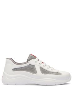 white/medium grey colour-block panelled design mesh panelling appliqué logo round toe front lace-up fastening branded insole rubber sole Prada Sneakers, America's Cup, Americas Cup, White Sneakers Women, Versace Outfit, Round Logo, Grey Colour, Prada Shoes, Boots And Sneakers