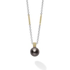 A tahitian black pearl surrounded by sterling silver and 18K gold. Necklace adjusts from 16 to 18 inches. Black Tahitian Pearl Necklace, Black Tahitian Pearl Fine Jewelry, Classic Black Tahitian Pearl Earrings, Black Pearl Earrings Tahitian, Tahitian Black Pearl Necklace, Black Pearl Pendant, Black Pearl Necklace, Pearl Gifts, Tahitian Black Pearls