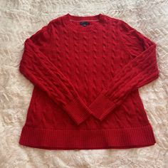 Red Has Some Sparkles In It. Casual Red Sweater For Cold Weather, Cozy Red Sweater For Cold Weather, Red Winter Sweater For Layering, Red Sweater For Winter Layering, Cozy Red Crew Neck Sweater, Red Cable Knit Sweater For Fall, Red Casual Soft Knit Top, Casual Red Soft Knit Top, Red Cable Knit Crew Neck Top