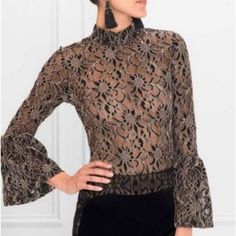 Beautiful Sheer Blouse In Black And Gold Lace Floral Pattern. Bell Sleeves. Hidden Zipper. Size 38 Elegant Fall Blouse For Cocktail, Elegant Fall Blouse For Cocktail Occasions, Elegant Fall Cocktail Blouse, Elegant Black Evening Top, Elegant Black Top For Evening, Chic Long Sleeve Lace Top For Formal Occasions, Chic Lace Top With Sheer Sleeves For Night Out, Chic Formal Long Sleeve Lace Top, Elegant Black Sheer Blouse