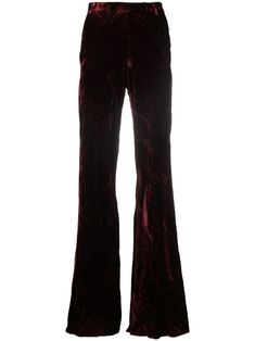 long velvet-effect trousers from ETRO featuring dark red, silk blend, velvet effect, high-waisted, wide leg, flared and long length. Victorian Trousers, Dahlia Hawthorne, Velvet Trousers, Wide Leg Dress Pants, Red Jeans, Silk Trousers, Red Silk, Just Dance, Long Length