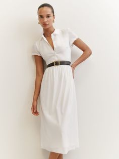 No nonsense. Shop the Ula Dress from Reformation, a midi length dress with a collared neckline, button front, and lace detailing at the sleeves and neckline. Reformation Dress, Business Casual Dresses, White Midi, Reformation Dresses, Midi Short Sleeve Dress, Business Dresses, Midi Length Dress, Shirtdress, Trending Dresses