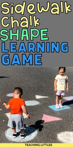 two young children standing in the middle of a sidewalk with chalk shapes on it and text reading side walk chak shape learning game