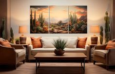 a living room with two couches, chairs and a coffee table in front of a painting