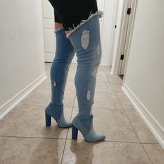 Brand New. Denim Thigh High Boots. Never Worn. Denim Knee High Boots, Square Toe Leather Boots, Black Velvet Boots, Sergio Rossi Boots, Denim Style Casual, Brown Cowboy Boots, Lucchese Boots, Velvet Ankle Boots, Knee Length Boots