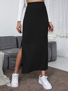 High Waisted Split Thigh Skirt | EMERY ROSE Pencil Skirt Outfits Casual, Skirt Outfit Casual, Thigh Skirt, Rok Outfit, Black Skirt Outfits, Long Pencil Skirt, Long Skirt Outfits, Pencil Skirt Outfits, Rock Outfit