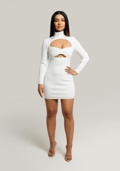 Natalia-Cut-Out-Long-Sleeve-Bodycon-Dress-White-Womens-Fashion-Trend|Vanity-Couture-Boutique White Long Sleeve Mini Dress For Party, White Stretch Long Sleeve Bodycon Dress, White Long Sleeve Stretch Bodycon Dress, Long Sleeve Cutout Bodycon Dress For Club, White Fitted Long Sleeve Dress For Night Out, White Stretch Bodycon Dress For Fall, White Long Sleeve Bodycon Mini Dress, White Long Sleeve Mini Dress For Night Out, White Long-sleeve Mini Dress For Night Out