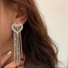 Gorgeous Sparkling Paved Rhinestone Heart Tassel Dangle Earrings Dangle Earrings Sparkling Heart + Tassel Design Paved Shining Rhinestone Match Daily Outfits 925 Sterling Silver Ear Needle Material Party Accessories Jewelry & Accessories Party Earrings Sparkle, Party Accessories Jewelry, Heart Tassel, Love Sparkle, Sparkly Earrings, Sparkle Earrings, Party Earrings, Rhinestone Heart, Rhinestone Earrings