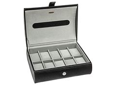 a black leather watch case with twelve watches inside