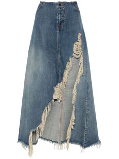 indigo blue cotton washed denim raw-cut finish distressed finish ripped detailing A-line mid-rise front button and zip fastening classic five pockets high-low hem long length Recycled Denim Skirt, Denim Skirt Long, Long Denim Skirts, Ripped Denim Skirts, Jean Skirt Outfits, Long Jean Skirt, Long Denim Skirt, Denim Projects, Denim Maxi