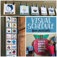 a collage of pictures with the words visual schedule and free printables on them